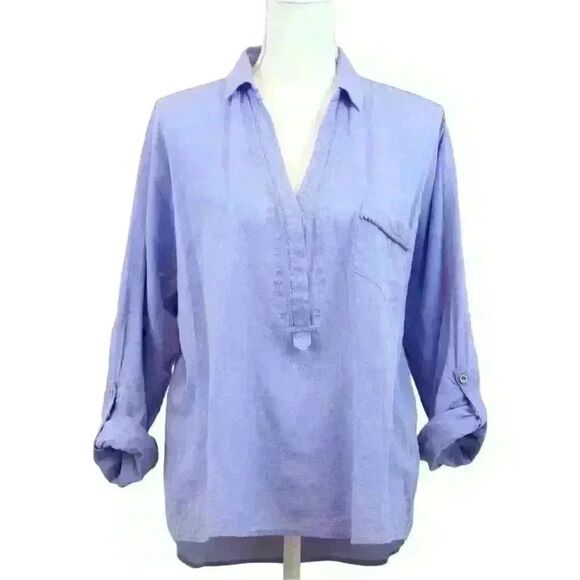 VINTAGE Democracy Blue Rolled Sleeve Pullover Shirt Size Medium - Picture 1 of 7